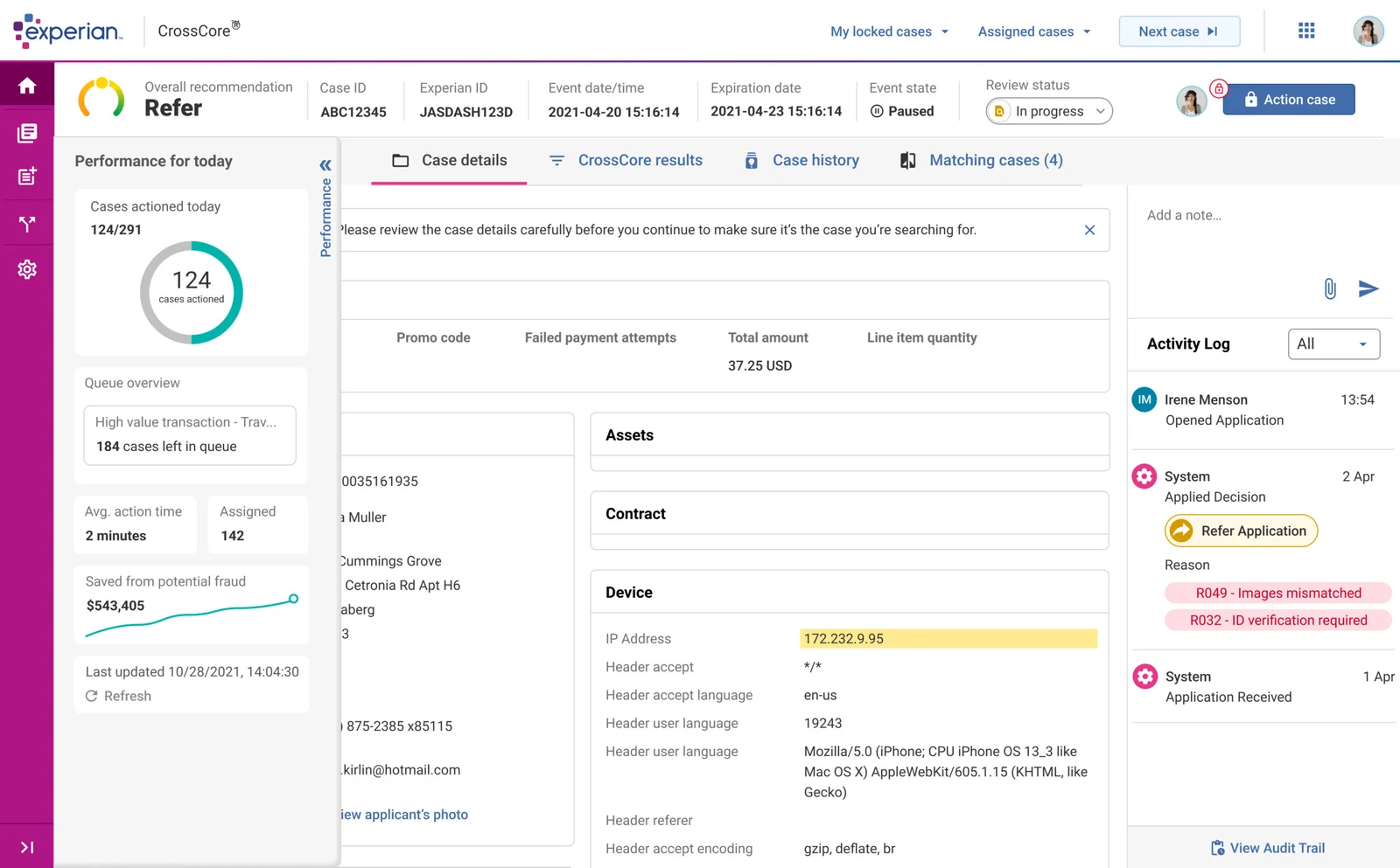 Experian CrossCore investigation workspace with a contextual sidebar, case evidence, and activity history