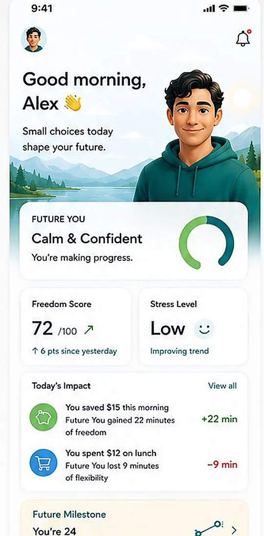 Future You original concept: future-self portrait and daily financial impact