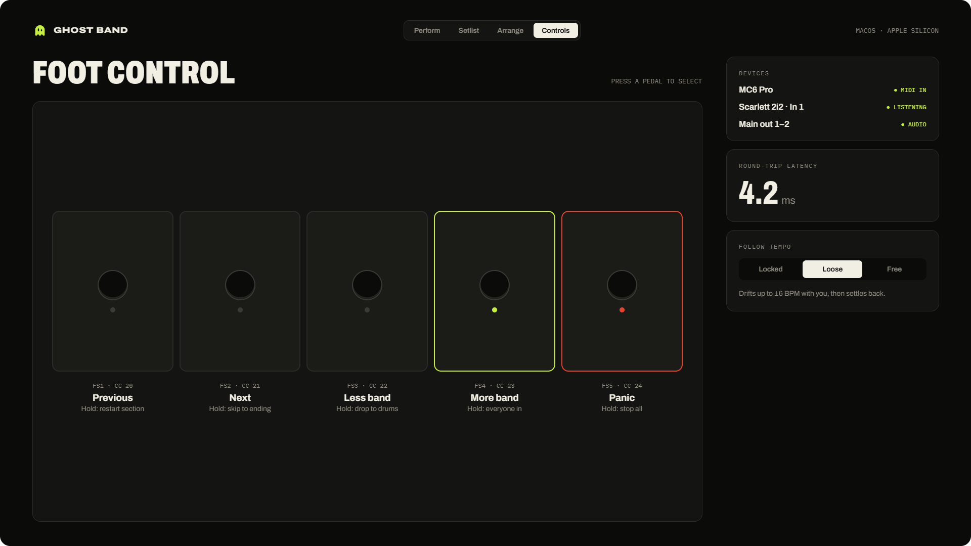Ghost Band foot control screen with five MIDI pedals, device status, latency display, and follow tempo settings