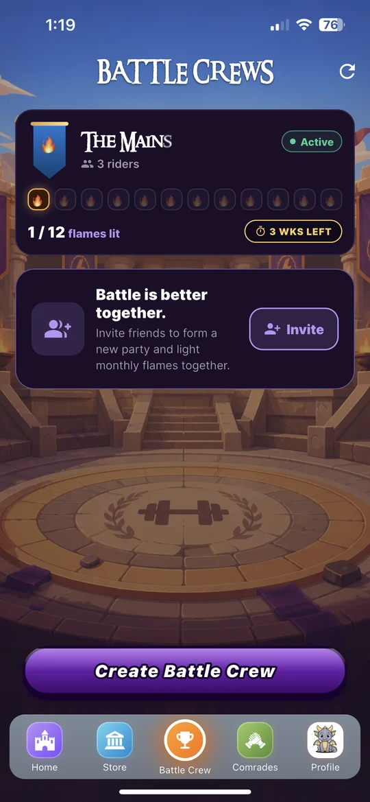 MythFit Battle Crews social accountability and weekly streak interface