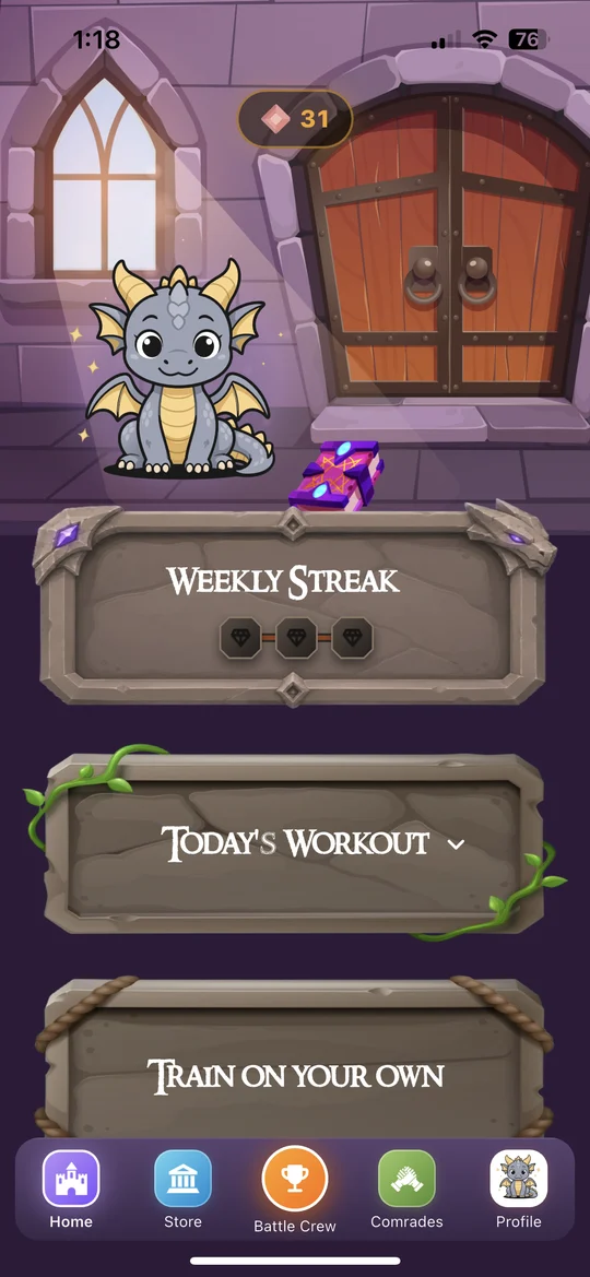 MythFit home screen showing the companion, workout entry point, and weekly progress